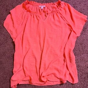 Neon Coral Flowy Blouse w/Ruffled Collar